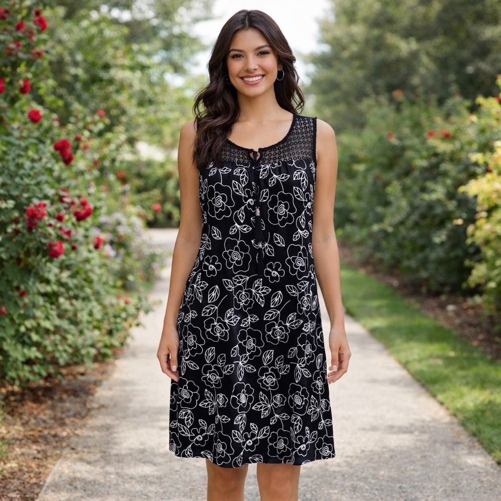 Nina Leonard Black White Floral Lace Yoke Tassel Shift Dress Boho Cottagecore L